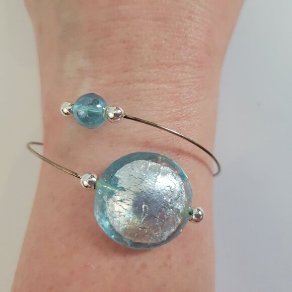Murano Glass & Silver-Plated Bangle Bracelet With Aqua Beads - Picture 2 of 5